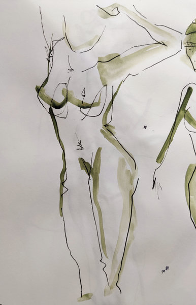 Croquis d'une femme nue debout et les bras levés au feutre fin et à l'aquarelle