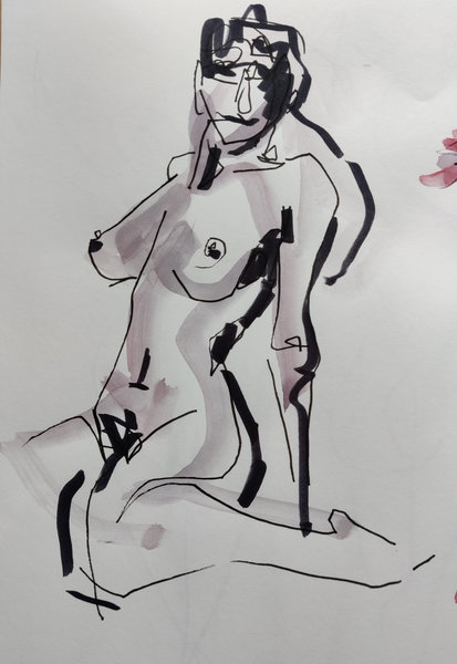 Croquis d'une femme nue assise au feutres fin et épais et à l'aquarelle