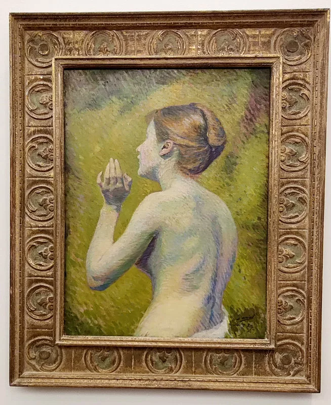 Peinture d'une femme nue de dos, les cheveux en chignon dans une technique impressionniste