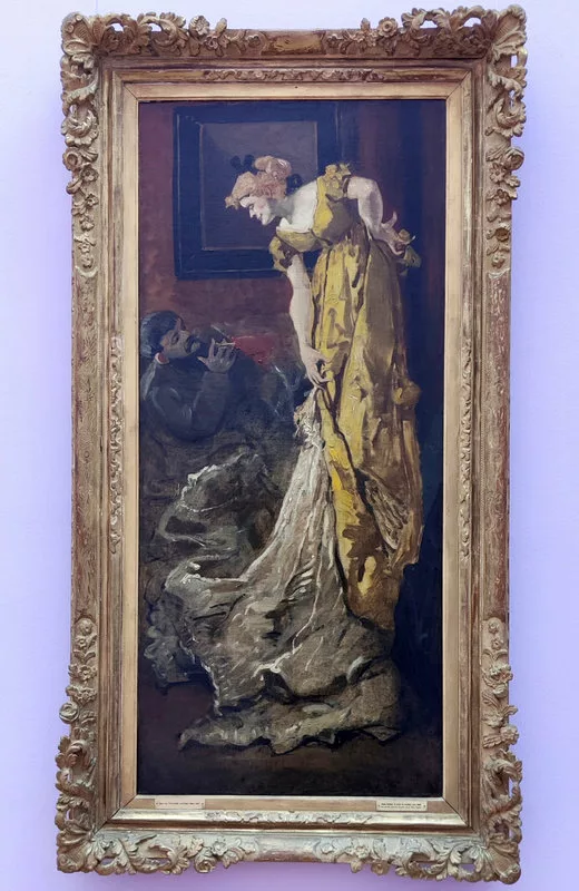 Tableau tout en hauteur où une femme, probablement debout sur un tabouret, se penche vers un homme qui lui parle en fumant