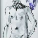 Croquis d'un homme nu assis au feutre moyen dilué par endroits