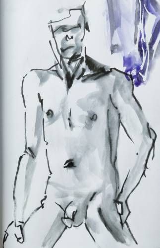Croquis d'un homme nu assis au feutre moyen dilué par endroits