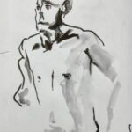 Croquis d'un homme dont on ne voit que le torse nu au feutre moyen dilué par endroits