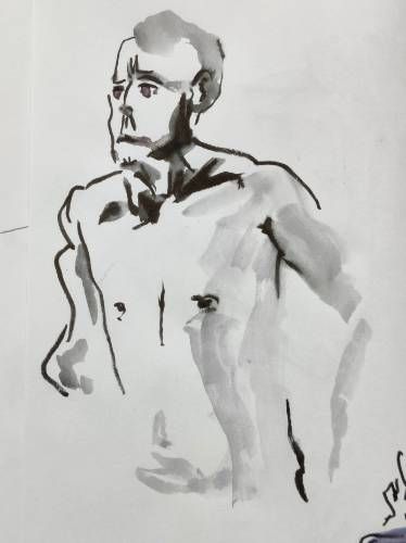 Croquis d'un homme dont on ne voit que le torse nu au feutre moyen dilué par endroits