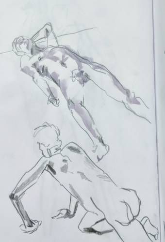 Planche de croquis d'un homme nu allongé au sol ou semblant marcher à quatre pattes, à la mine de plomb et à l'aquarelle