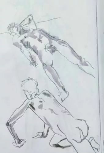Planche de croquis homme nu allongé et rampant – Christian