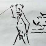 Croquis d'un homme brandissant un bâton au feutre épais