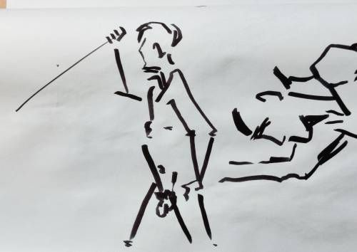 Croquis d'un homme brandissant un bâton au feutre épais