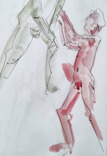 Croquis d'un homme nu debout les bras levés au stylo feutre fin et à l'aquarelle