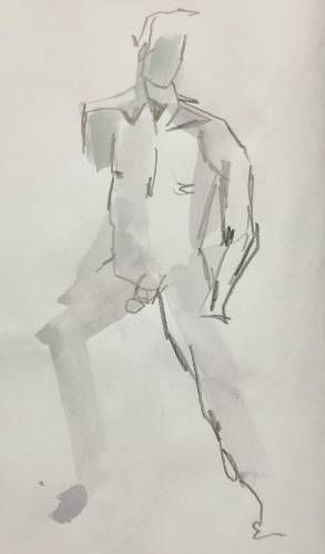 Croquis d'un homme nu debout une jambe en avant à la mine de plomb et à l'aquarelle. Une des jambes n'est que suggérées par une trace à l'aquarelle sans être dessiné à la mine de plomb