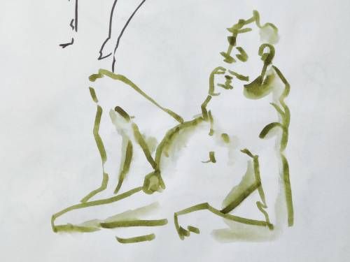 Croquis d'un homme nu à demi-couché au feutre qui a été dilué par endroits
