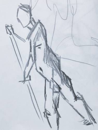 Croquis d'un homme nu debout s'appuyant sur un bâton à la mine de plomb