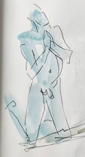 Croquis d'un homme nu agenouillé et les mains jointes au stylo feutre fin et à l'aquarelle