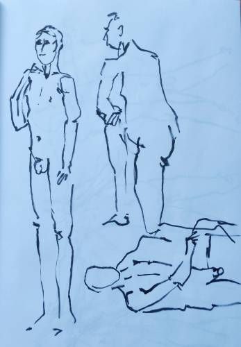 Planche de croquis d'un homme nu debout ou sur un genou au feutre moyen