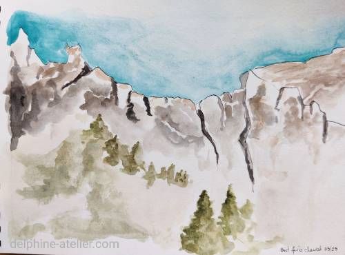 Aquarelle et feutre représentant une montagne (cirque) et des sapins - delphine-atelier.com
