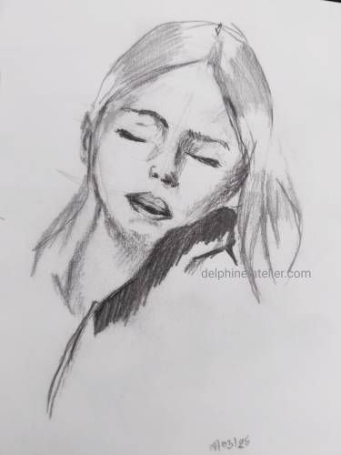 Croquis au crayon du visage d'une jeune fille endormie - delphine-atelier.com