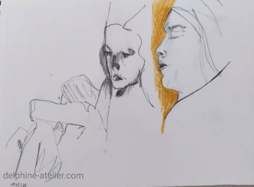 Planche de trois croquis au crayon : une fille assise, tête cachée, un visage de trois quart, un visage de profil endormi - delphine-atelier.com