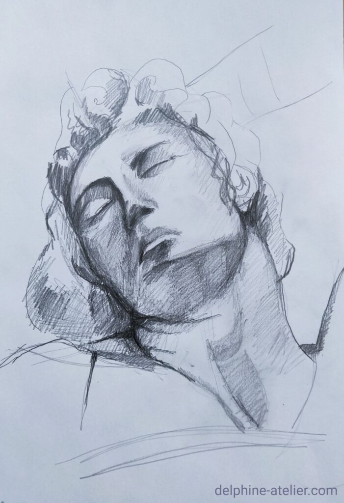 Croquis d'un visage d'un homme yeux fermés en contre-plongé - "delphine-atelier.com" (les plus avertis peuvent éventuellement y reconnaître un esclave mourant de Michel-Ange)