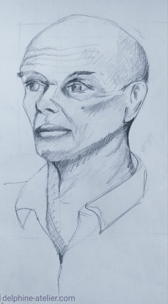 Dessin d'un visage d'homme de trois-quart - "delphine-atelier.com"