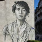 Peinture murale (d'une hauteur de deux, trois étages), portrait en noir et blanc de Camille Claudel
