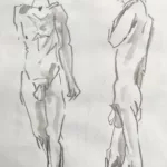 Deux croquis : un homme nu debout de face et de profil. Mine de plomb et touche d'aquarelle grise