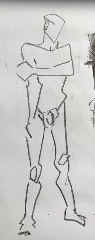 Croquis stylisé à la mine de plomb d'un homme debout se tenant le bras