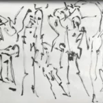 Planche de croquis rapides où on devine un corps en mouvement mais dont la lecture est difficile