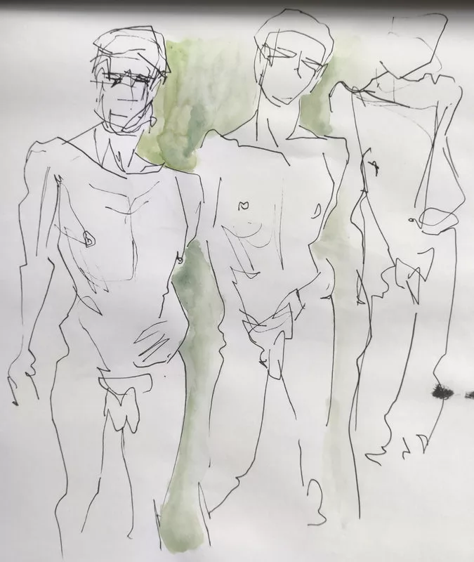Trois croquis au feutre fin, de moins en moins détaillés (mais bon, déjà, le premier, c'est un croquis rapide alors !) de la même pose : un homme debout, de face