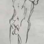 Croquis à la mine de plomb d'une homme debout, nu, une main en avant et une main sur le devant de la hanche
