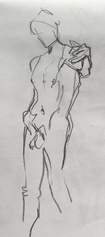 Croquis à la mine de plomb d'une homme debout, nu, une main en avant et une main sur le devant de la hanche