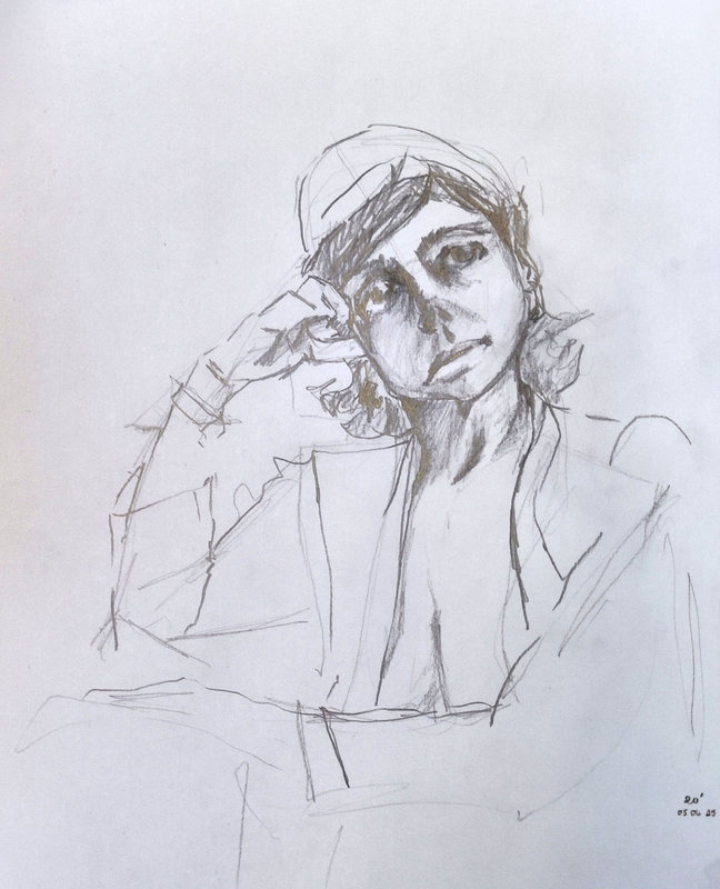 Dessin au crayon d'une femme rêveuse, la tête appuyée sur son bras. Le visage est ombré, le reste n'est que rapidement crayonné