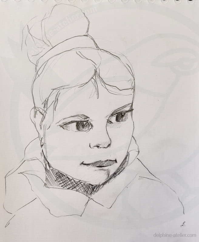 Dessin au crayon représentant une petite fille avec un chignon. Il y a un problème dans les yeux qui sont mal alignés