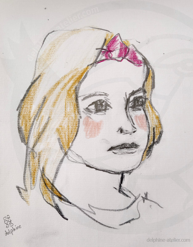 Portrait à la mine de plomb (pas taillée du tout !) et au crayons de couleur (joue, cheveux, rubans) d'une petite fille