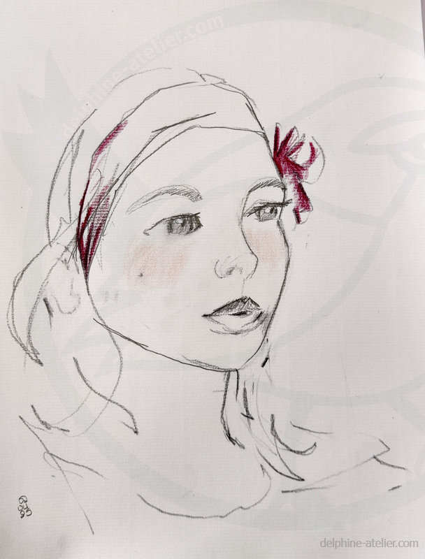 Portrait au crayon d'une jeune ado. Seules les joues sont colorées en rose ainsi que quelques touches fuchsia sur le ruban dans ses cheveux
