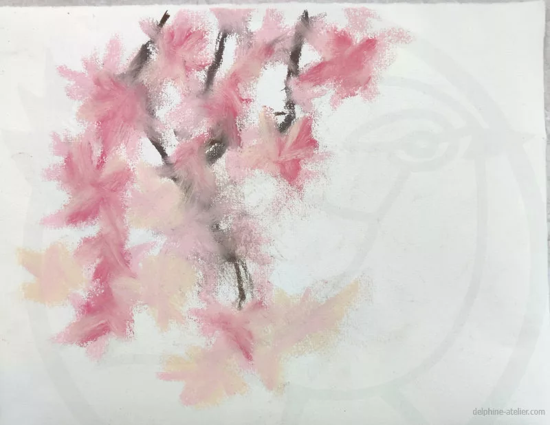 Dessin aux pastels de plusieurs branches descendant avec des "pompons" de fleurs roses