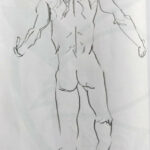 Croquis à la mine de plomb d'un homme nu debout de dos omoplates resserrés