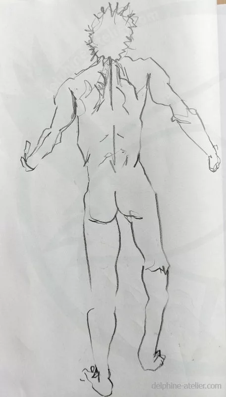 Croquis à la mine de plomb d'un homme nu debout de dos omoplates resserrés