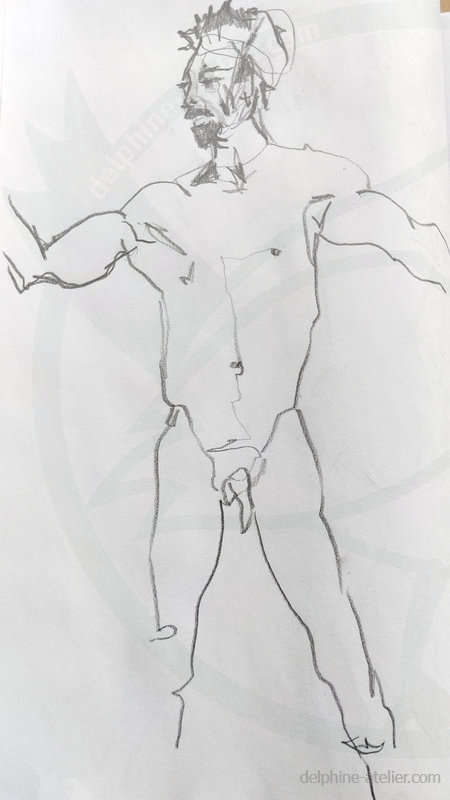 Croquis à la mine de plomb d'un homme nu debout bras et jambes écartés