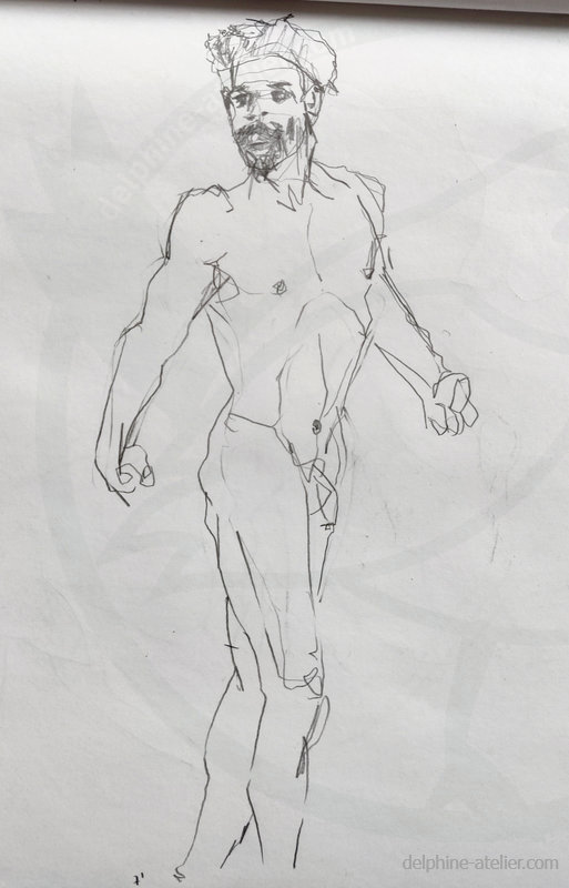 Croquis à la mine de plomb d'un homme nu debout, torse tourné et points serrés