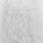 Planche de croquis rapides aux traits nerveux où on devine éventuellement le corps d'un homme en mouvement