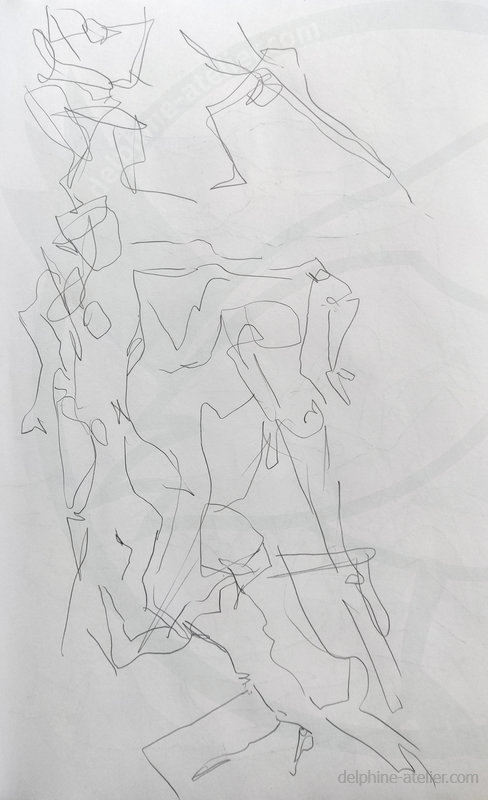 Planche de croquis rapides aux traits nerveux où on devine éventuellement le corps d'un homme en mouvement