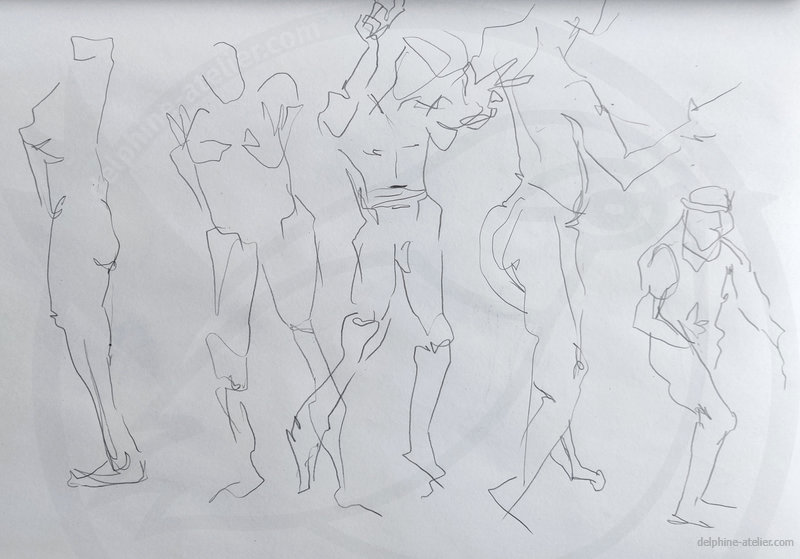 Planche de cinq croquis rapides aux traits nerveux où on devine le corps d'un homme en mouvement