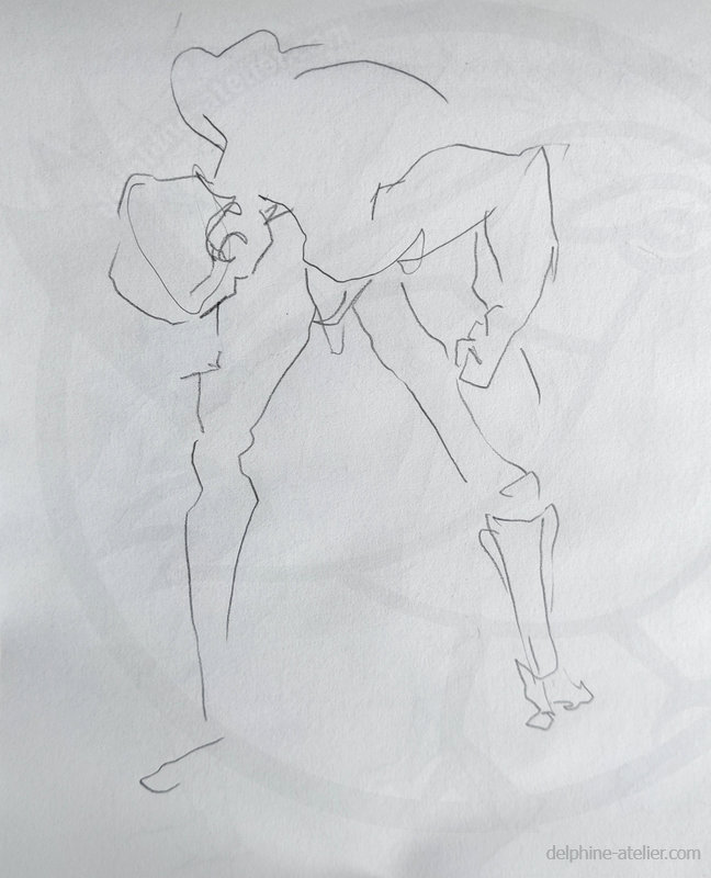 Croquis au criterium d'un homme nu debout dos courbé en avant