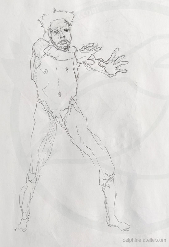 Croquis au criterium d'un homme nu debout mains tendues en avant