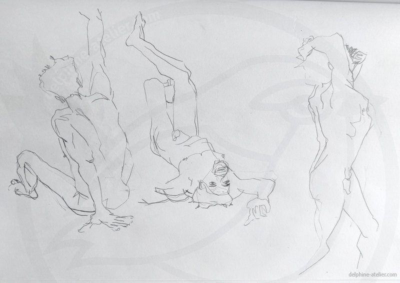 Planche de trois croquis au criterium d'un homme assis de dos, allongé jambes levées et marchant de profil bras sur la tête