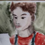 Dessin à l'aquarelle et au feutre fin noir du visage d'un garçon. On devine difficilement un chevalet devant lui.