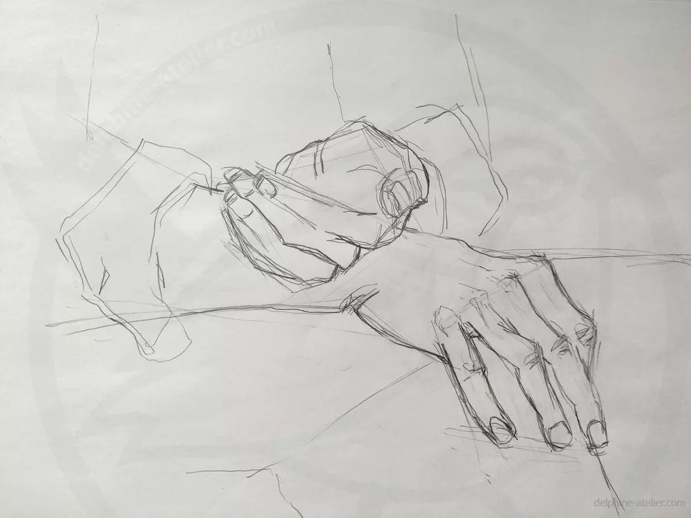 Dessin au crayon de deux mains. Une posée sur le genou, l'autre, paume vers le haut, posée sur le poignet de la première