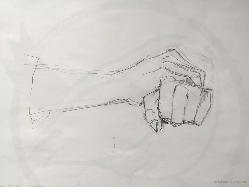 Dessin au crayon de deux mains : une en poing vers nous, l'autre posée perpendiculairement dessus