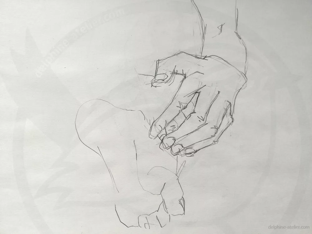 Dessin au crayon d'une main (si on est trèèès perspicace, on devine que la main est posée sur l'autre main, elle même posé sur la cheville d'une jambe repliée)
