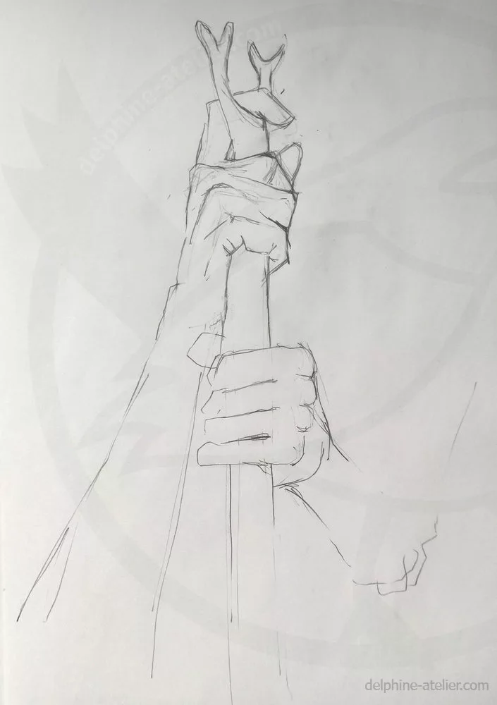 Dessin au crayon de deux mains tenant un bâton finissant en petite fourche